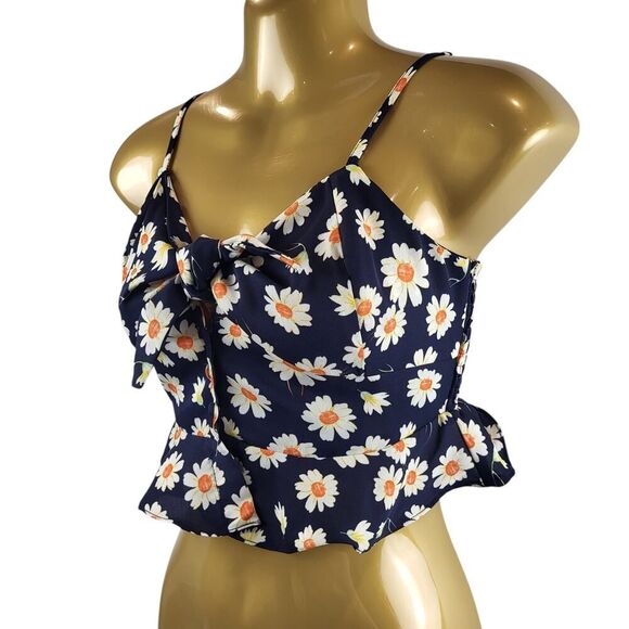 idem ditto Small Black Daisy Crop Top Smocked Peplum Adjustable Straps Bow Tie - Picture 4 of 13